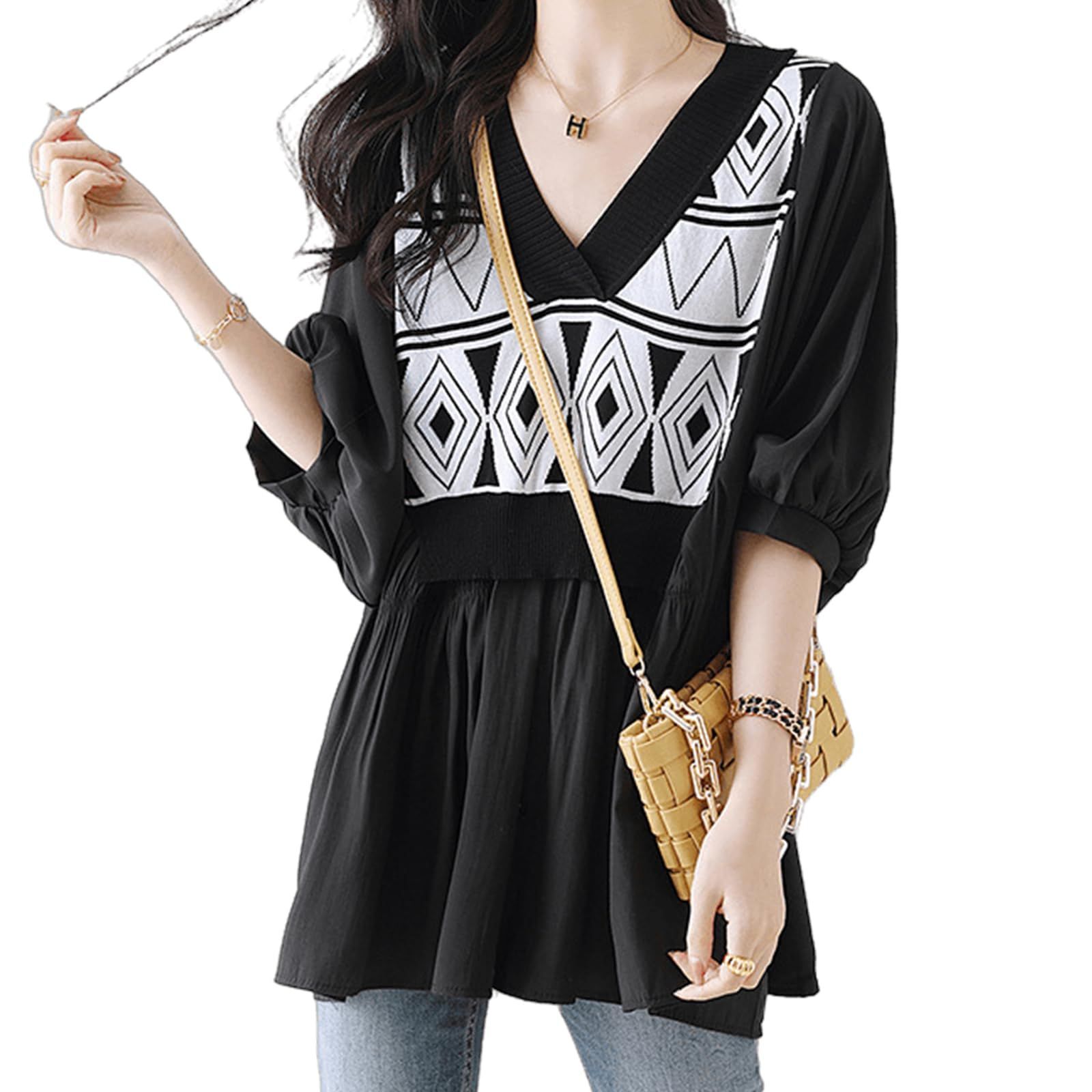 【数量限定】通勤 おしゃれ 着せ 七分袖 異素材 トップス フレア袖 カットソー 切り替え ニット レイヤード 重ね着風 パフスリーブ シフォン vネック レーディス シャツ ブラウス ドッキング