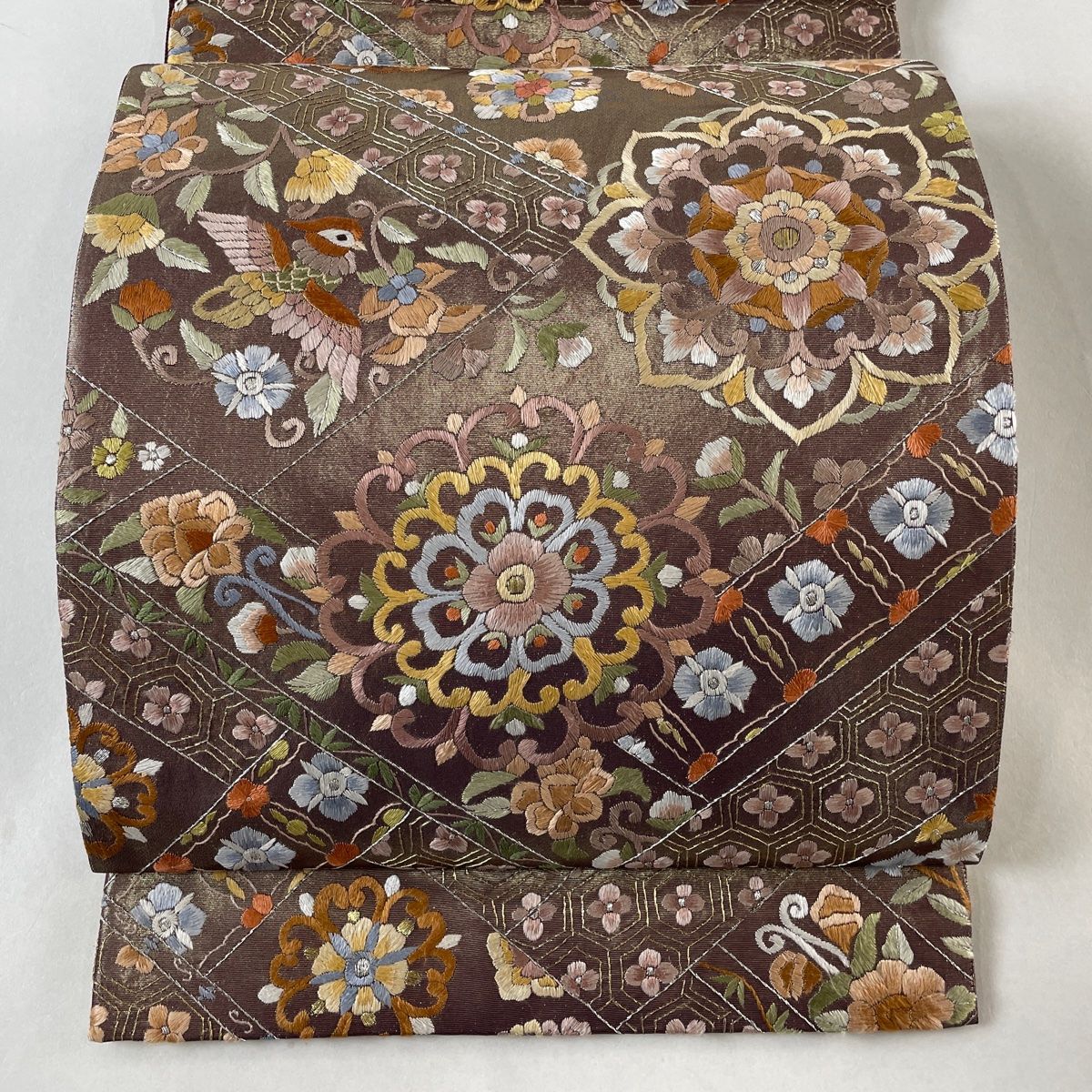 袋帯 華文 花鳥 刺繍 金銀糸 茶紫 六通 正絹