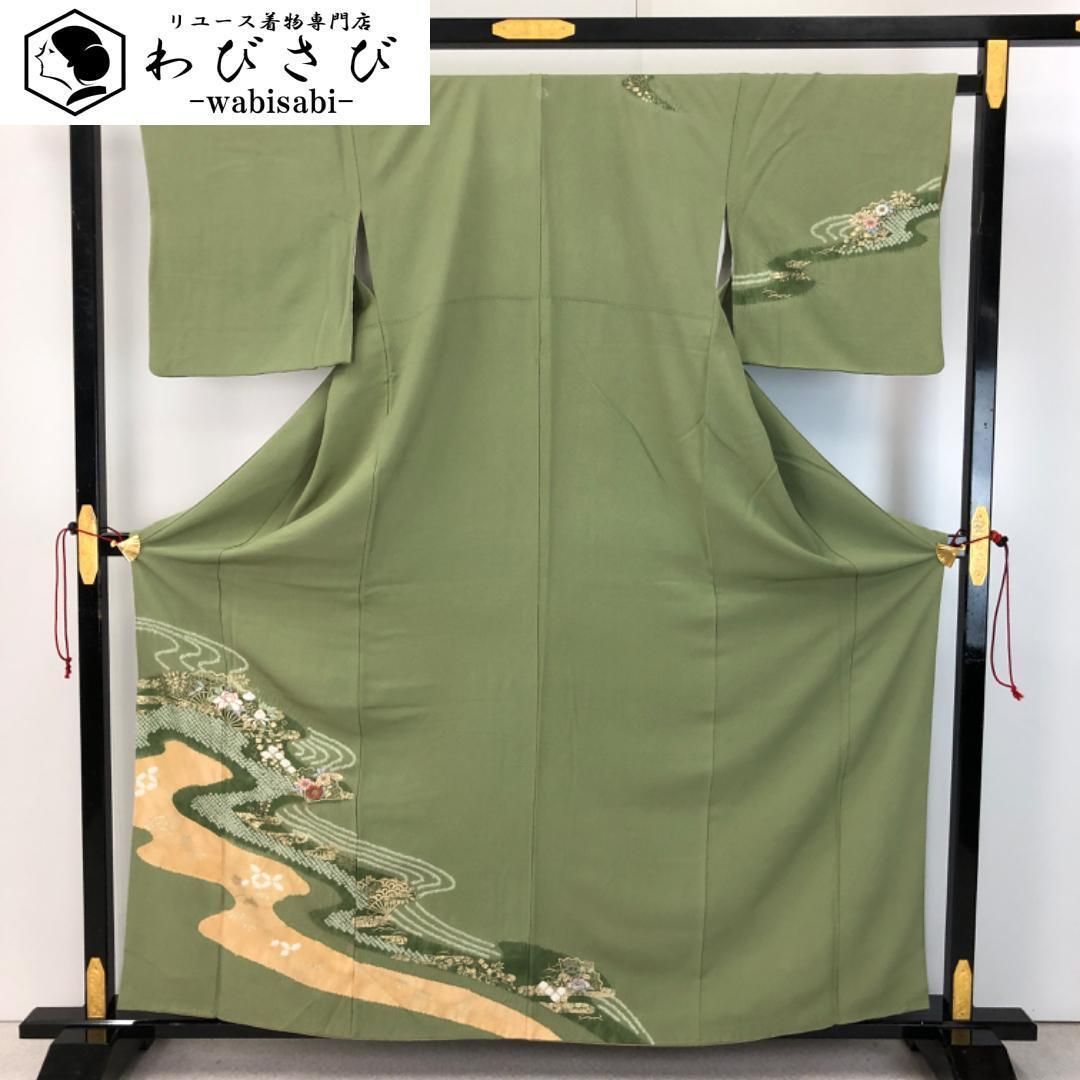 付下げ 流水に花模様 刺繍 絞り 梅幸茶色 縮緬 金彩 K-5281