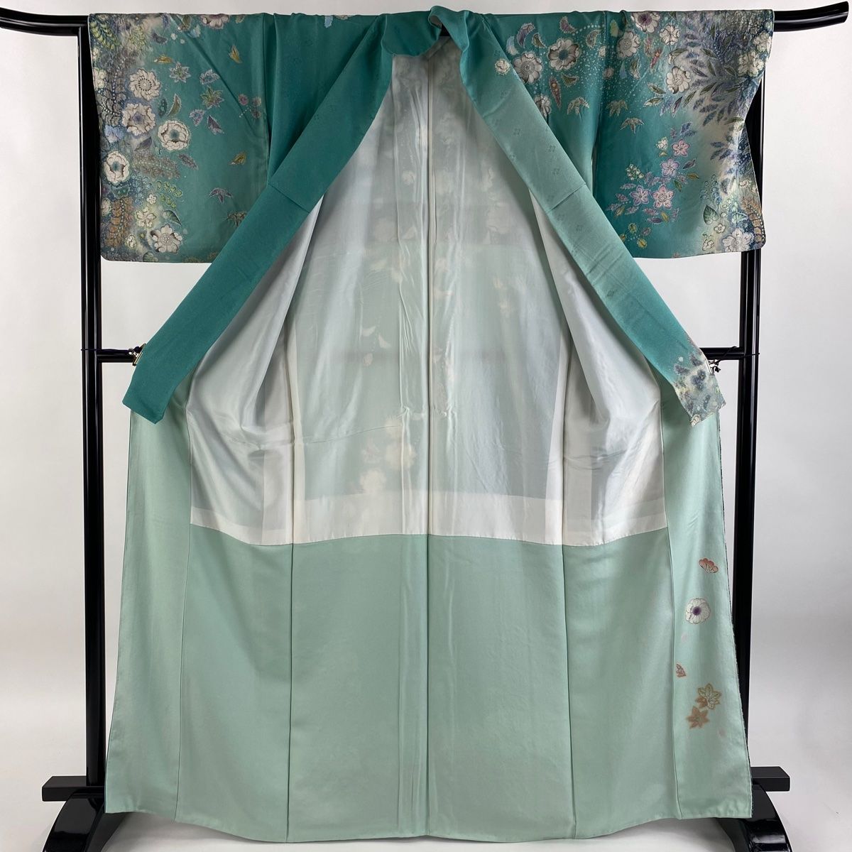 美品 辻ヶ花 千草色 白緑色 くすみカラー 銀通し 絞り 袷 正絹 振袖 着物 訪問着 身丈167cm 裄丈67cm M 袷 吉乃一廉 落款 辻が花 銀通し
