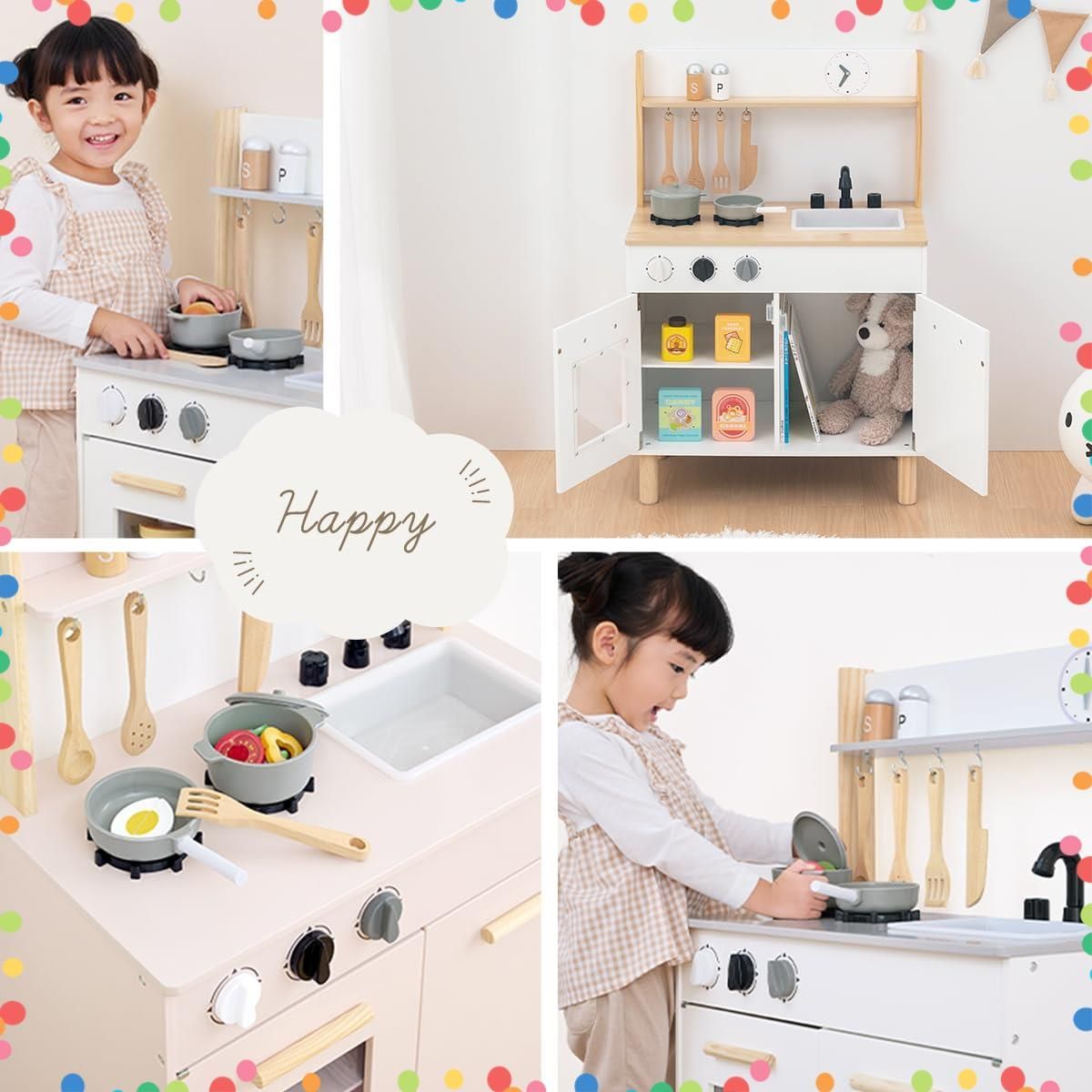 商品 ぼん家具 おままごと キッチン 木製 調理器具付き 8点セット 知育玩具 台所 ミニキッチン まねっこ おもちゃ 子供用 プレゼント ホワイト ナチュラル