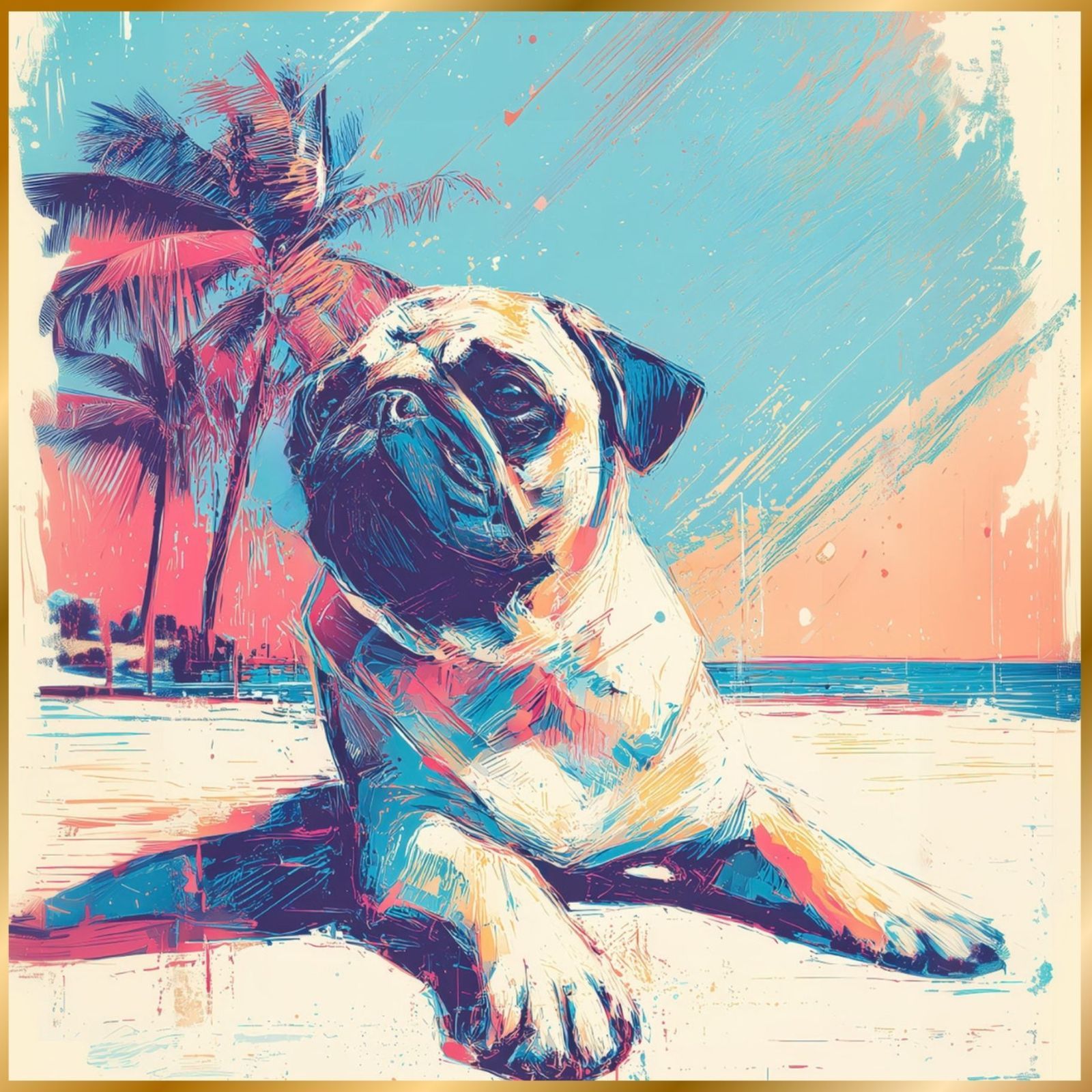 パグ犬とビーチのスケッチ No.2 海 犬の絵 犬のイラスト おしゃれ ミニマリスト ミニマリズム シンプル インテリアアート ペットロス うちの子 記念日 アートポスター ギフト プレゼント