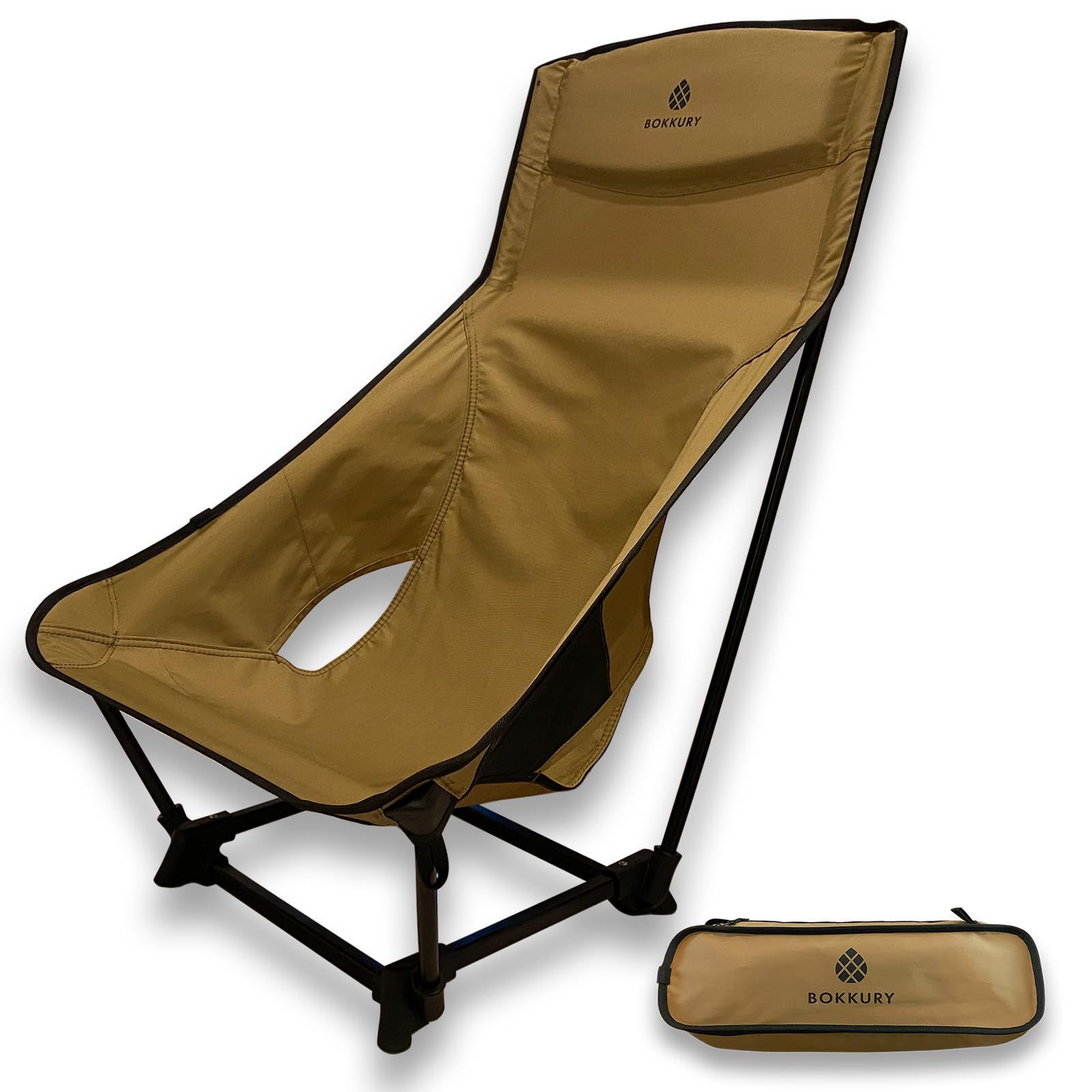 新着商品 BOKKURY ボックリー アウトドアチェア ローチェア ハイバック あぐらチェア 軽量1.2kg コンパクト 難燃性TC素材 キャンプ ロースタイル カーキ