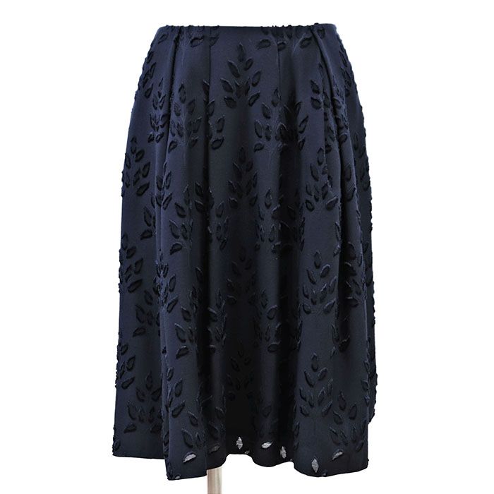 FOXEY フォクシー スカート リーフ柄 40154 ボタニカル ベロアカット ジャカード チュール レイヤード サイドファスナー フ ひざ丈 ポリエステル ボトムス レディース サイズ 40 ネイビー 紺