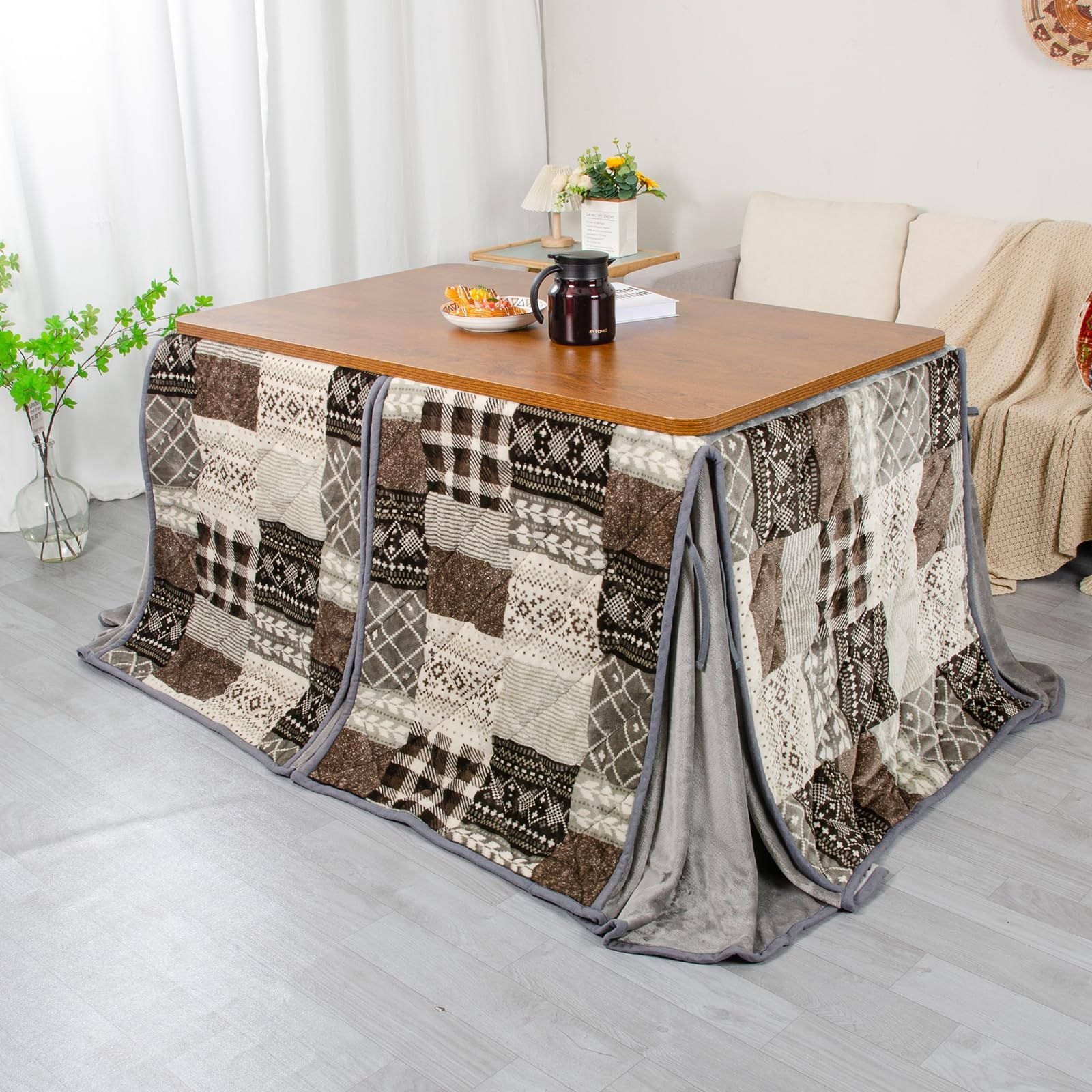 掛け布団 長方形 吸湿発熱 省スペース 洗える ダイニングテーブル用 ふわふわ感触 フランネル素材 こたつ布団 約240x295cm ハイタイプ パッチワーク JEMA グレー