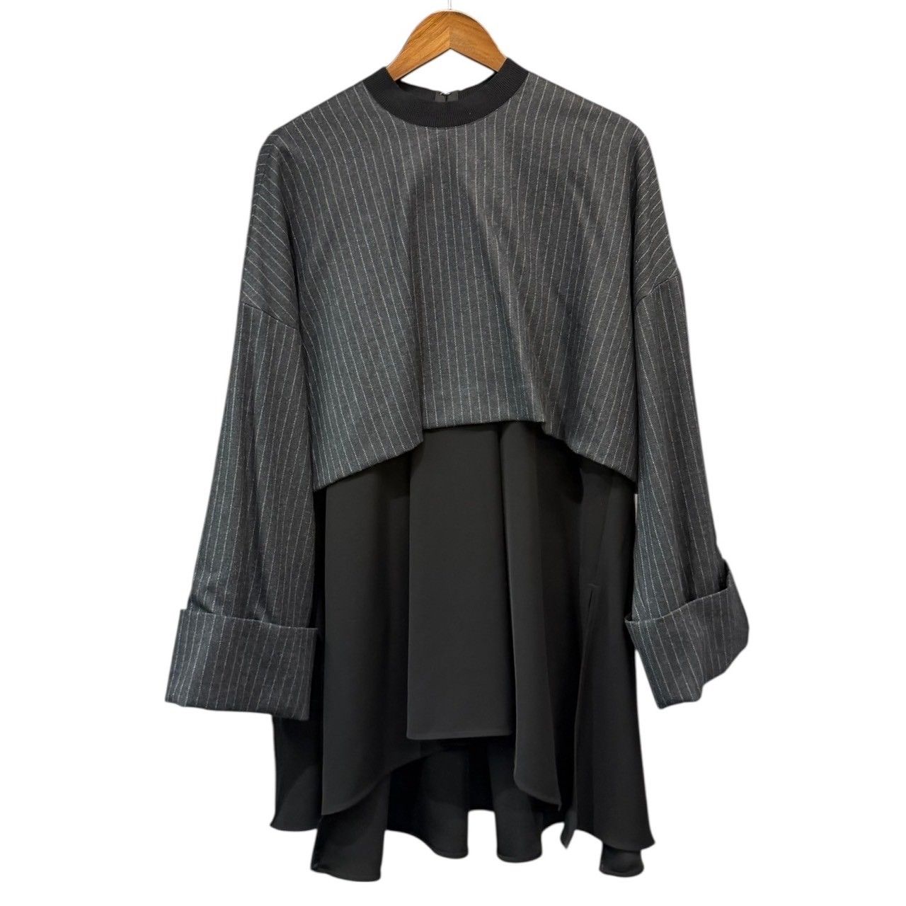 エンフォルド 22AW ダブルクロスコンビプルオーバーシャツ カットソー 長袖 ストライプ柄 切替 38 黒 白 300FA230-2180 レディース 中古】エンフォルド ENFOLD 22AW ダブルクロスコンビプル