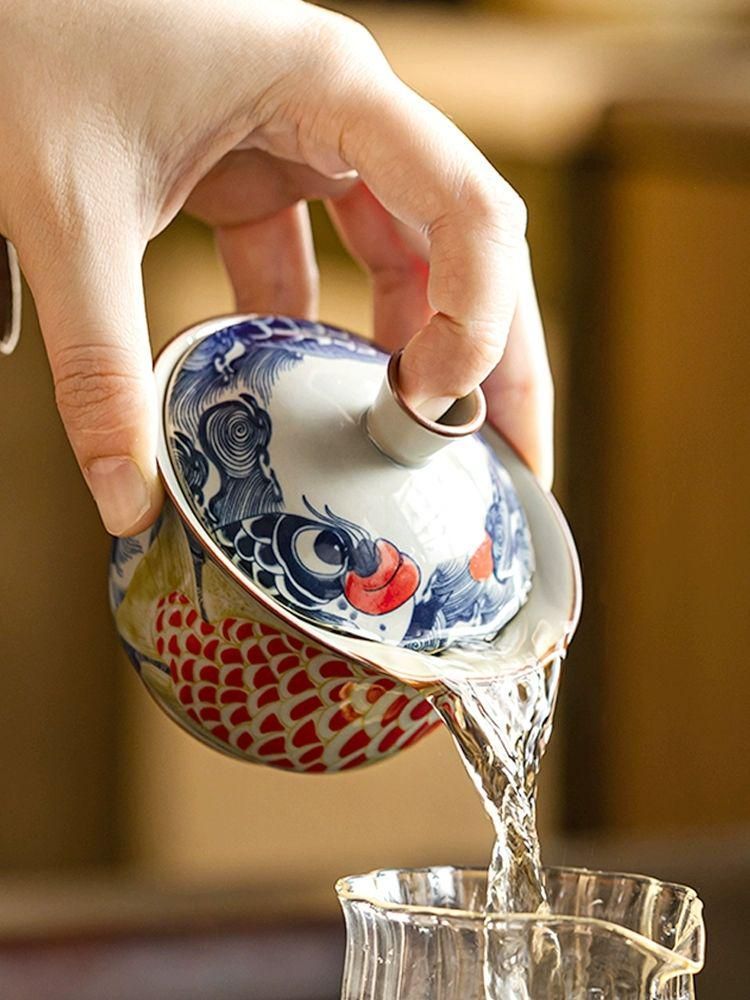 景徳鎮 青花竜紋三才蓋碗 茶碗 湯飲み煎茶器 新品未使用 景徳鎮 青花納福竜魚三才蓋碗 茶碗 煎茶器 中国茶器 新品未使用