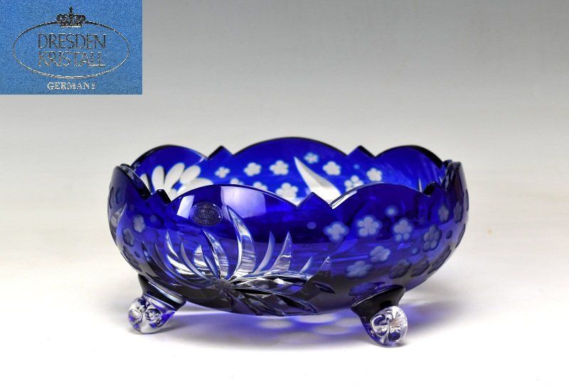 蔵A2606a ドレスデンクリスタル 色被せ カット硝子 切子 足付ボウル 盛鉢