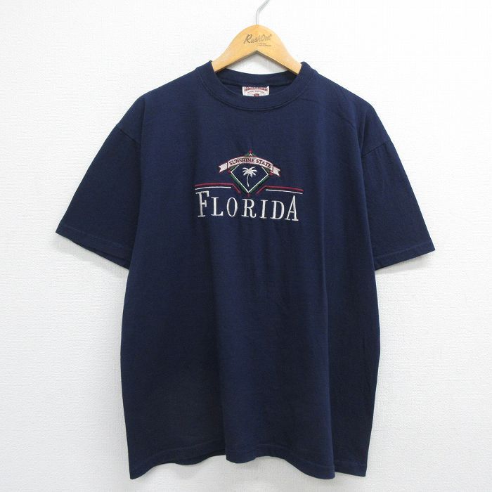 XL/古着 半袖 ビンテージ Tシャツ メンズ 90s フロリダ 刺繍 コットン クルーネック 紺 ネイビー 23jun17 中古
