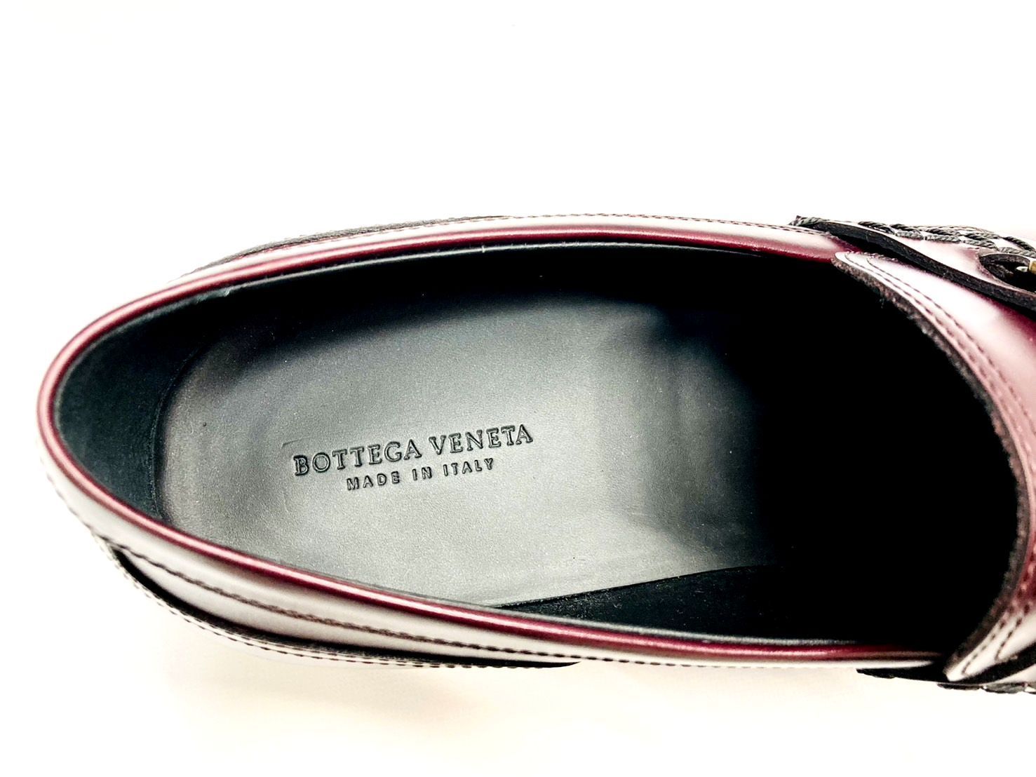 ☆BOTTEGA VENETA　ボッテガヴェネタ　イントレチャートプレート　ローファー　ビジネスシューズ　レザー　ワインレッド系　メンズ　＃45(30㎝)　K27661