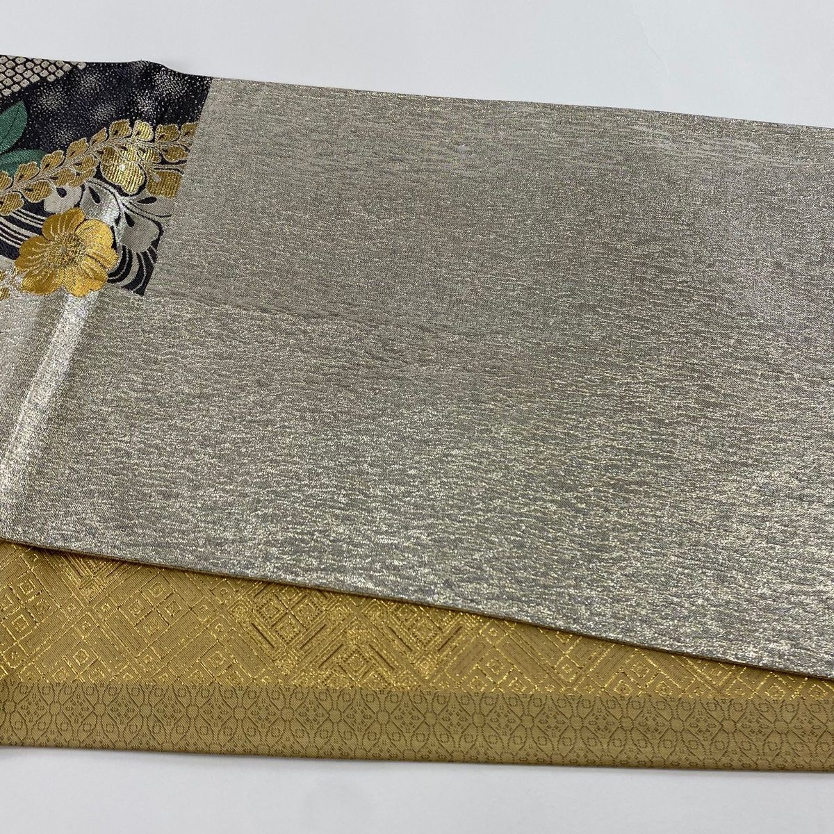 美品】 袋帯 秀品 辻が花柄 流水 金銀糸 箔 銀色 六通 正絹 【中古