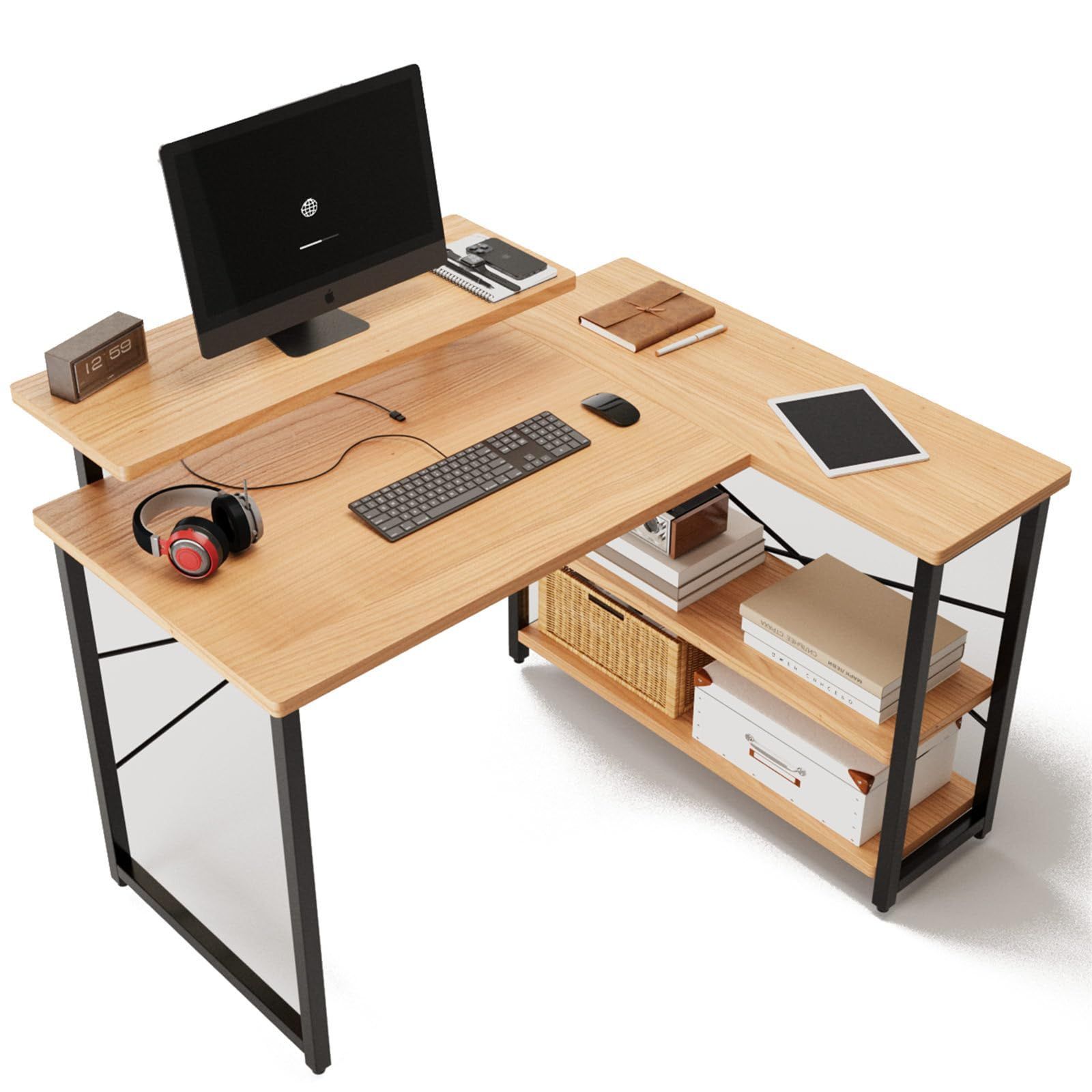 Embrace life パソコンデスク computer desk 机 収納 ゲーミングデスク L字型 リムーバブルラック pcデスク デスク ラック付き コーナーデスク オフィスデスク 在宅勤務 副105cm ライトイエロー
