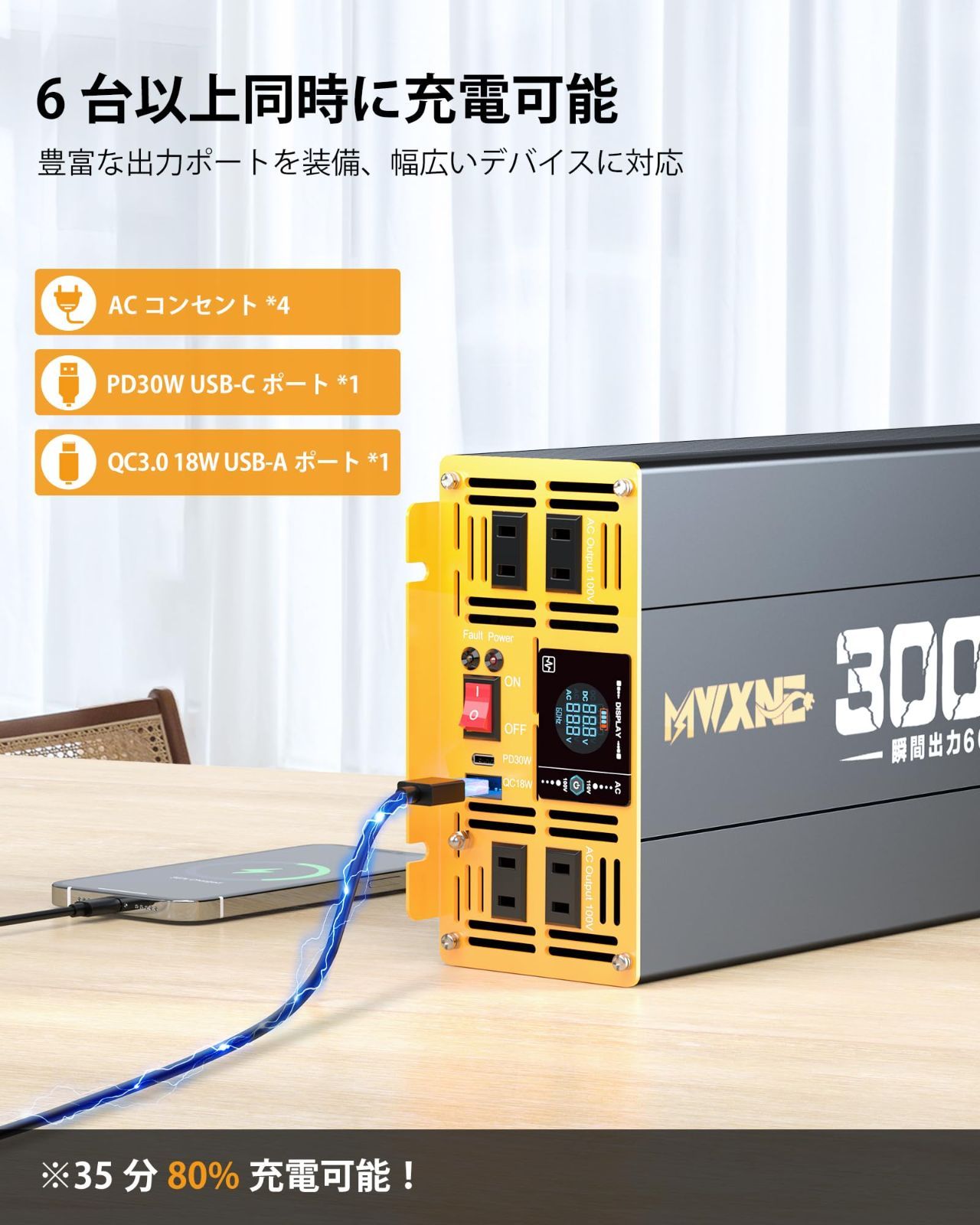 MWXNE インバーター 修正波 12v 100v 3000W 瞬間出力6000Ｗ DC12V 直流 をAC100V 交流 に変換 カーインバーター PD30W ACコンセント電源2口 家庭緊急用電源 車中泊グッズ アウトドア 自動車 キャンピングカー用品
