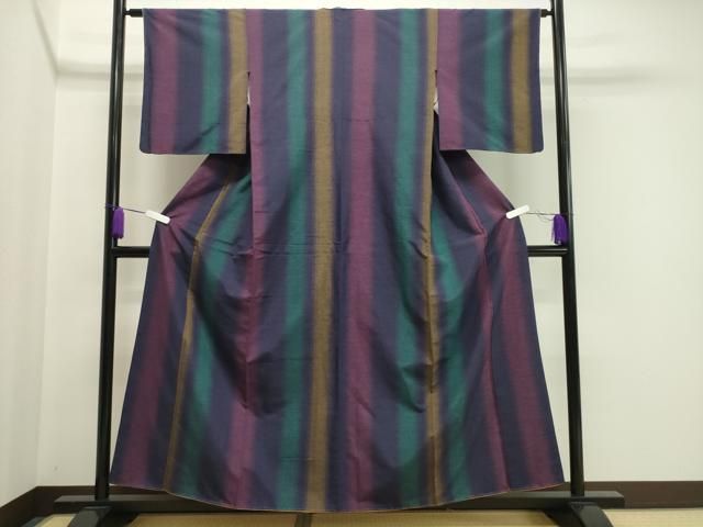 平和屋着物○本場米琉 紅花紬 米沢 間道 反端付き 正絹 逸品 未使用