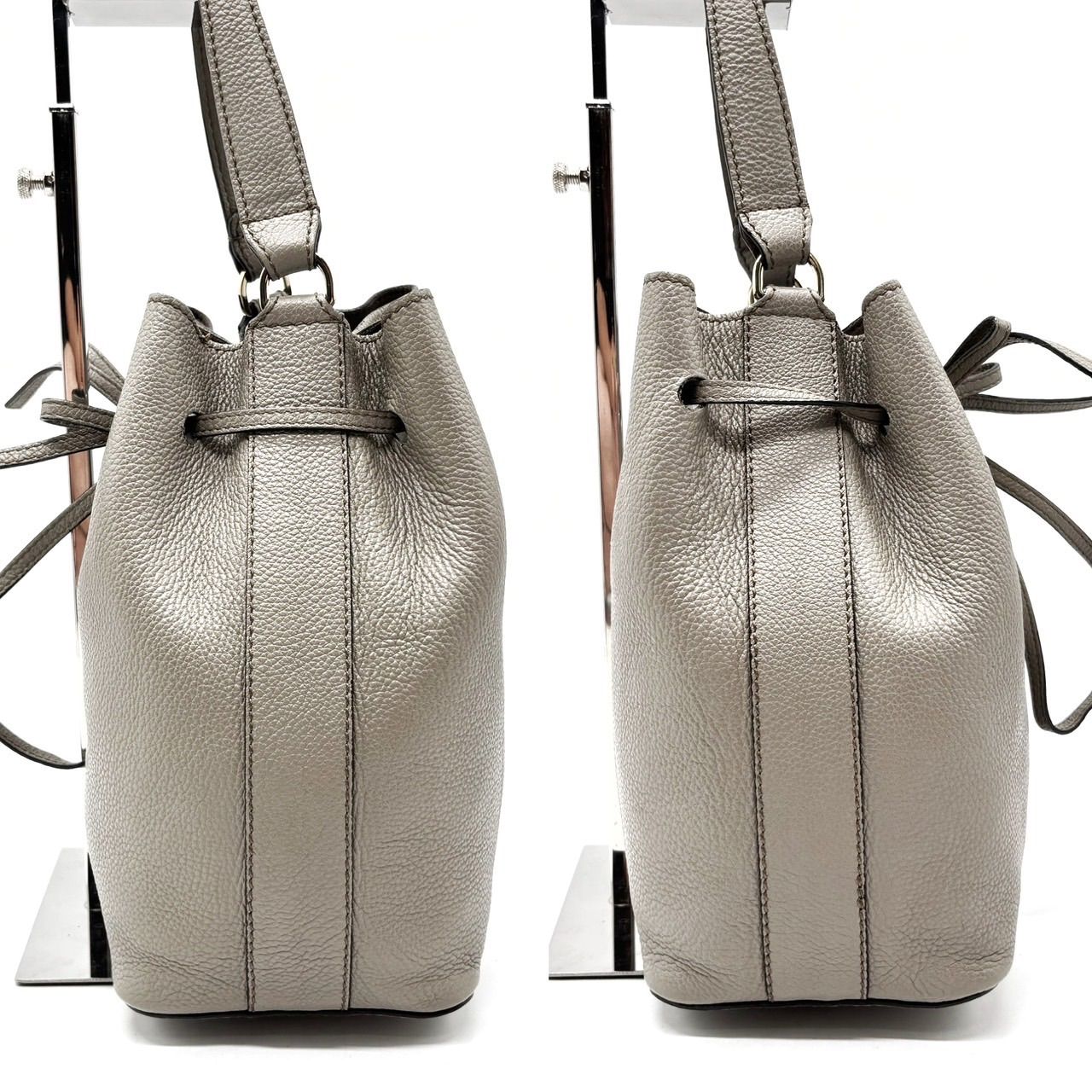 FURLA フルラ ステイシー レザー 巾着型ハンドバッグ ショルダー グレー系 美品 フルラ FURLA ステイシー 巾着バッグ 2wayショルダーバッグ