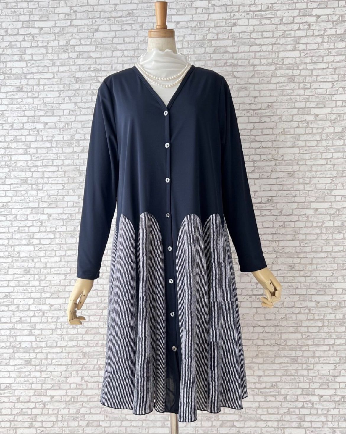 【新品M〜L】上品大人可愛いモード*フレアAライン*ロングカーディガン*切替シャツワンピース*180213ネイビー*セレブミセスご旅行