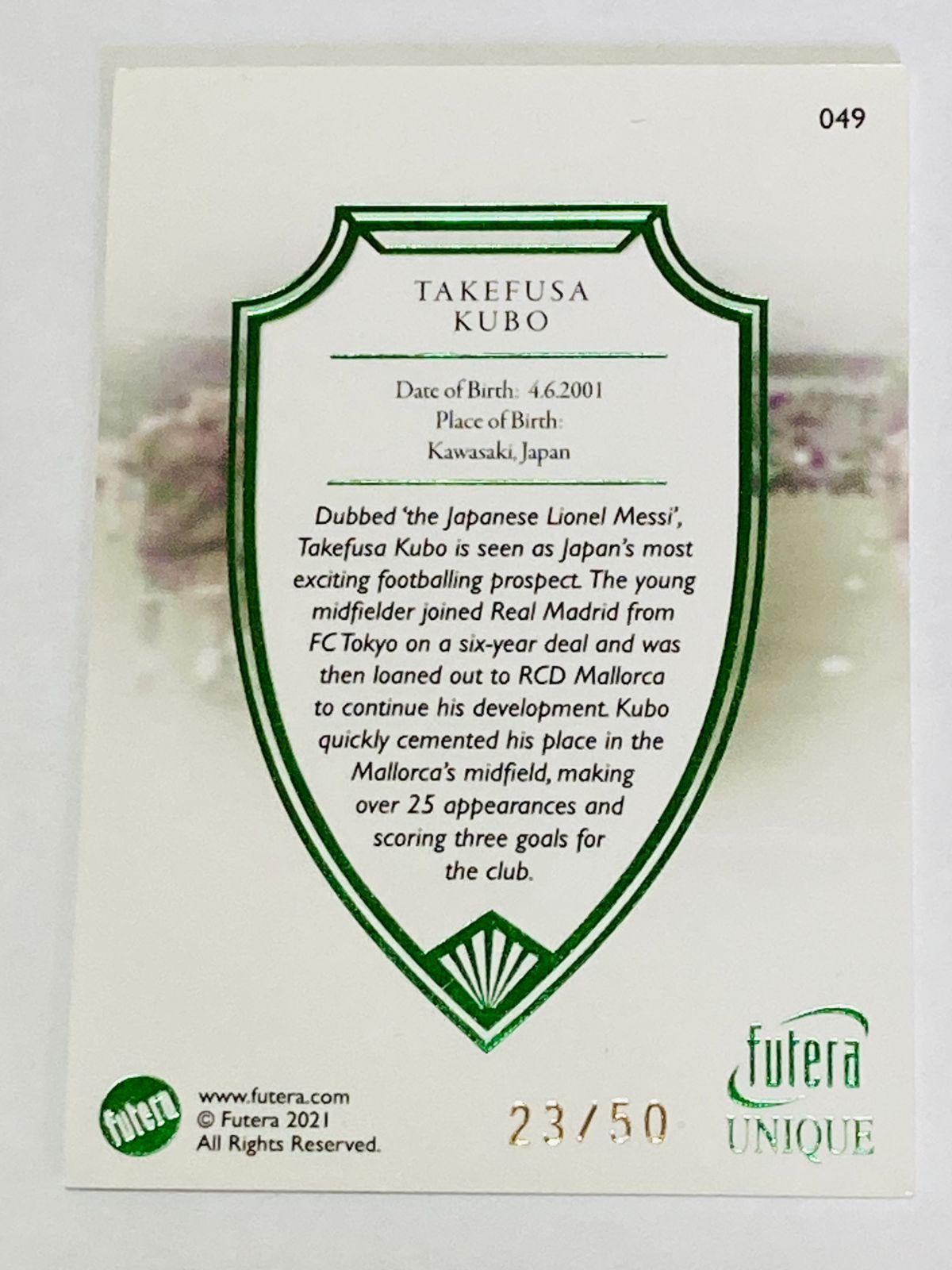 10枚限定 2021 Futera Unique 久保建英 久保建英 2021-22 Futera Unique TAKEFUSA KUBO Green #049 #23