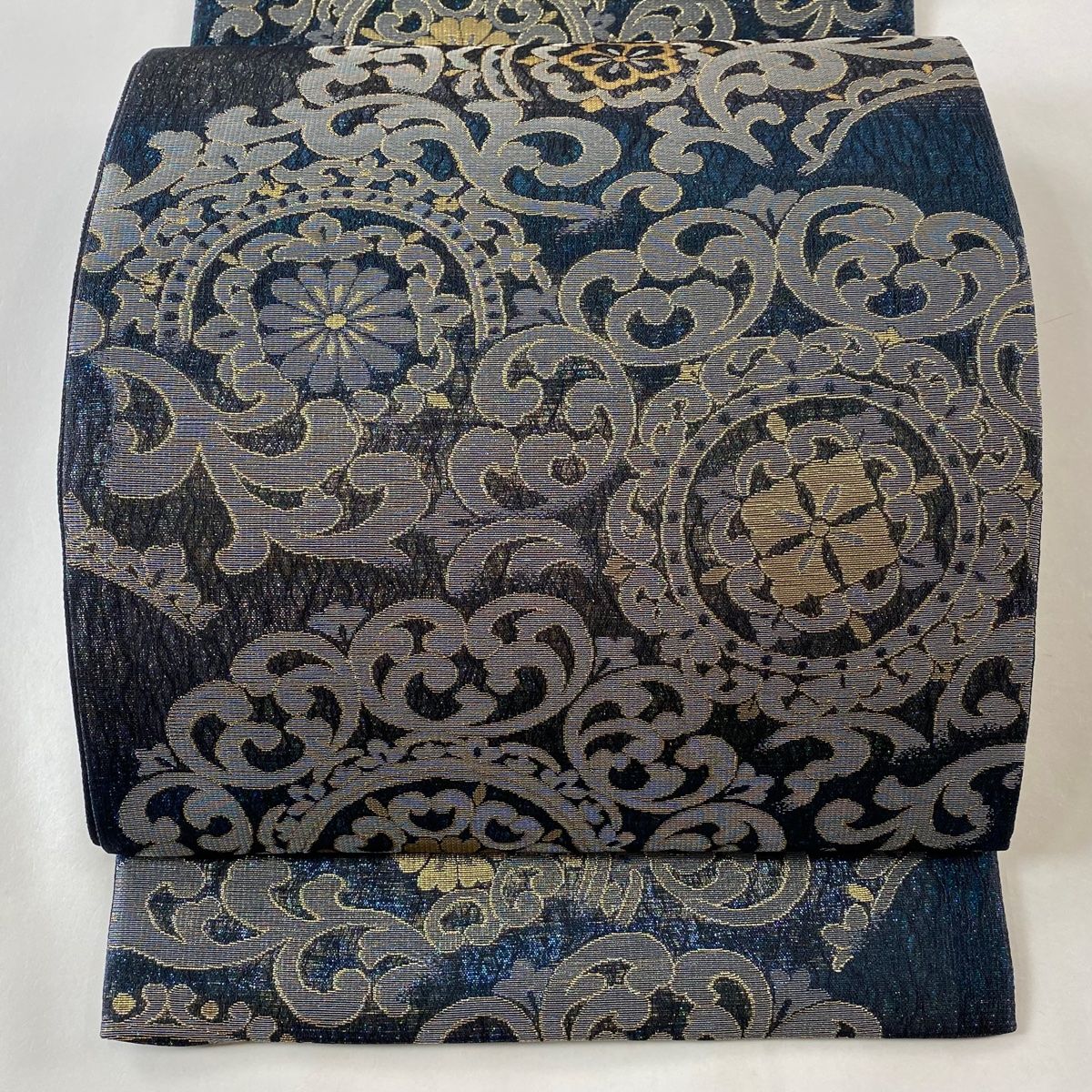 袋帯 美品 秀品 華文 唐草 銀糸 箔 青緑 六通 正絹 【中古
