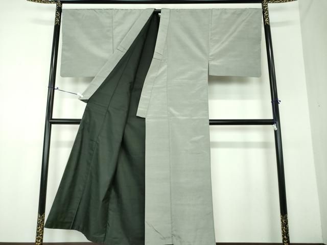 平和屋着物○男性 紬 アンサンブル 長羽織 色無地 灰色 正絹 逸品