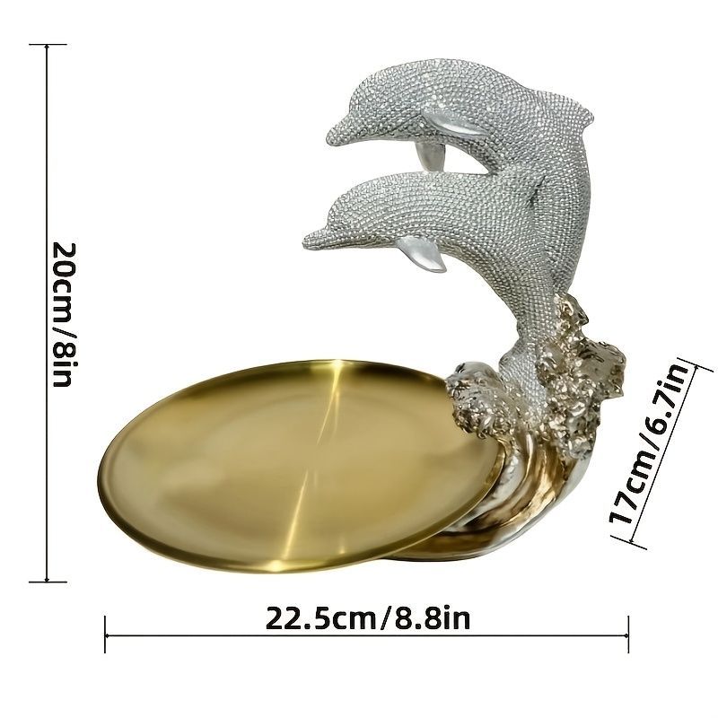 小物トレー 樹脂製 スワロフスキー風 ゴールドトレー フルーツボウル付き 2匹のイルカ 動物 華やか 豪華 リビング 寝室 玄関 カフェ レストラン