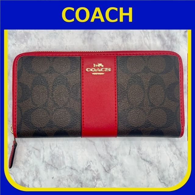 COACH コーチ シグネチャートゥルーレッド ストライプ ウォレット ...