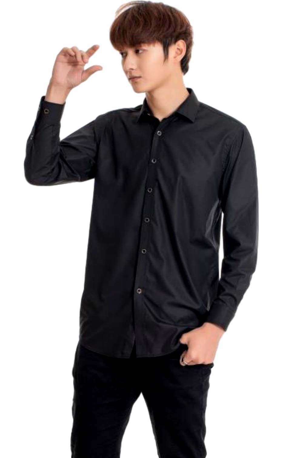 [NAGAPO] （ナガポ） メンズ シャツ 長袖 カジュアル ワイシャツ 大きいサイズ 無地 ビジネス スリム (6XL， ブラック) [ブラック] [6XL]