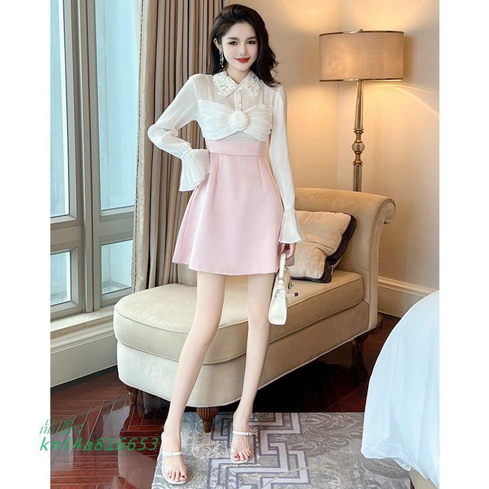 シースルーベルスリーブ長袖 ハイウエスト切り替えショートフ ワンピース 白×ピンク かわいい レディース 服 韓国 kni4a816653