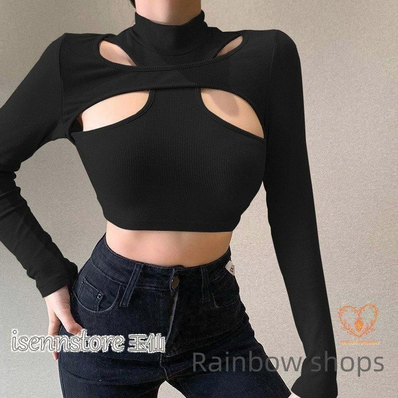 プチハイネック 長袖 タイトス 透かし彫りクロップド丈 レディース 無地 ダンス衣装 へそ出し Ｔシャツ 秋服 体型カバー インナー 新品未使用】プチハイネック 長袖 タイトトップス 透かし彫り