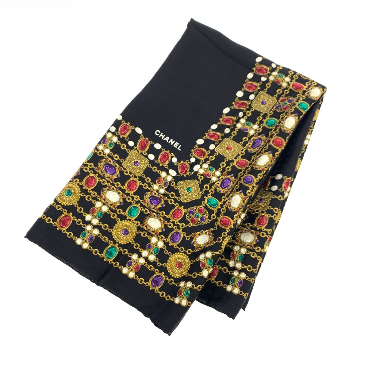 良好 CHANEL シャネル スカーフ ブラック ジュエリー柄 シルク100