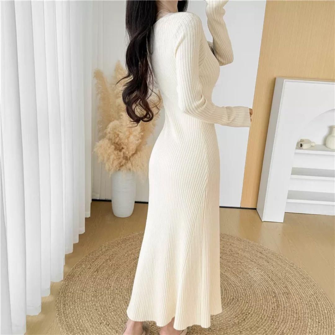 Vネックニットワンピース春のスリムフィットフィッシュテール