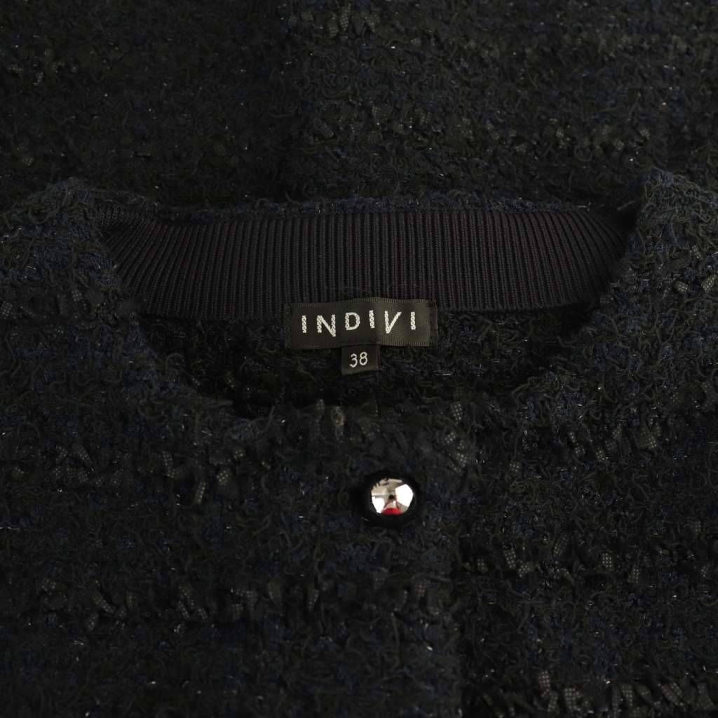 インディヴィ　ツイードミックスクルーカーディガン　洗える　ネイビー　38　濃紺 中古・古着通販】INDIVI (インディヴィ) ツイードMIXクルー