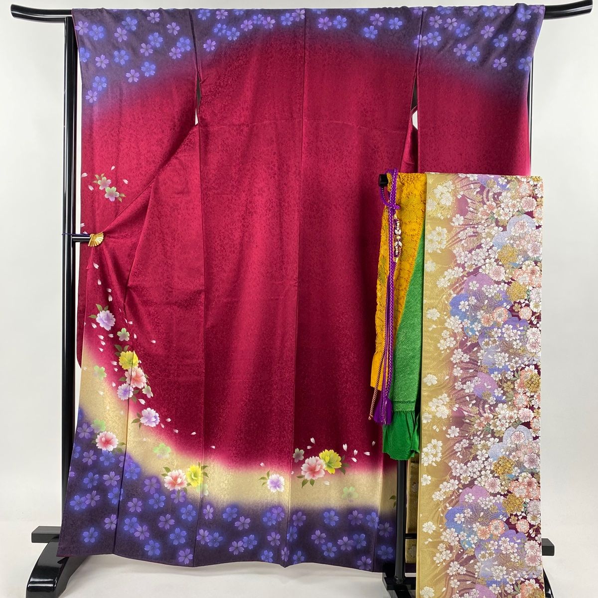 振袖 身丈166cm 裄丈68cm L 袷 袋帯フルセット 桜 染め分け 金彩 えんじ色 正絹 名品