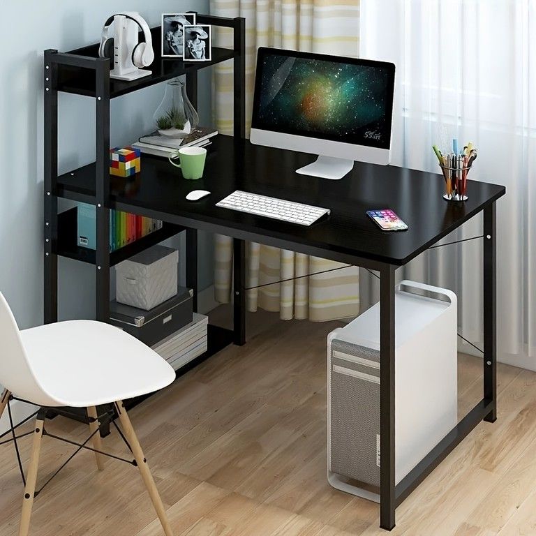 高耐久 省スペース 学習机 110cm 幅 コンピューターデスク 木製 ワークデスク 内蔵収納棚付き ホームオフィス 寝室に最適 簡単組立 北欧風デザイン 選べる5色 ブラック