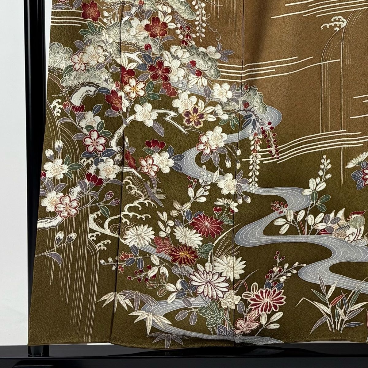 新作が早くも最安！ 訪問着 身丈155.5cm 裄丈66cm M 袷 桜 流水 金糸 金彩 茶色 正絹 秀品