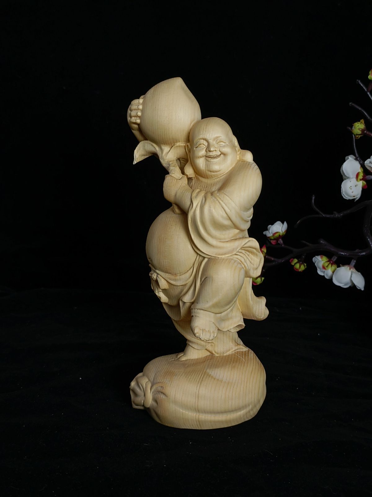 修縁堂】極上品 木彫仏像 七福神立像 布袋様 弥勒仏 彫刻 一刀彫