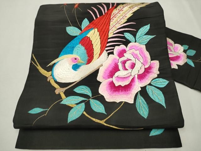 平和屋着物●アンティーク 大正ロマン 九寸名古屋帯 総刺繍 休み鳥枝椿 黒地 金糸 正絹 CAAT8292hy