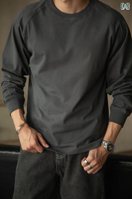 [L]メンズ ファッション 服 男性用 オシャレ シンプル 大人 かっこいい 大きいサイズ ストリート 紳士服 シャープ ワークウェア アメリカン ヘビーウェイト コットン ラグラン スリーブ T シ