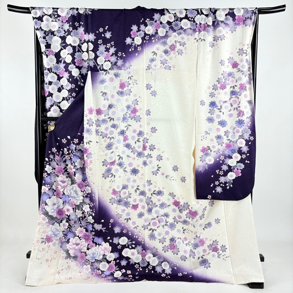 振袖 身丈175cm 裄丈71cm L 袷 牡丹 草花 箔 銀彩 紫 正絹 名品