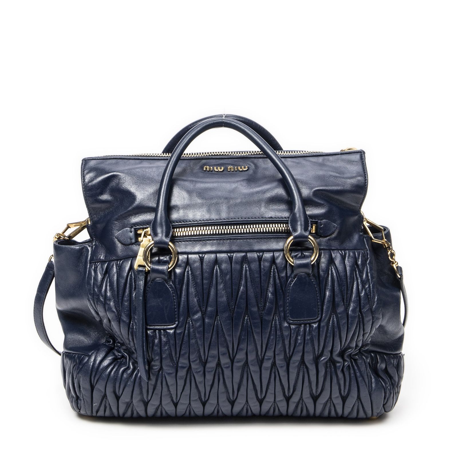 MIU MIU ミュウミュウコンバーチブル フォールドオーバートートネイビーマトラッセレザーA