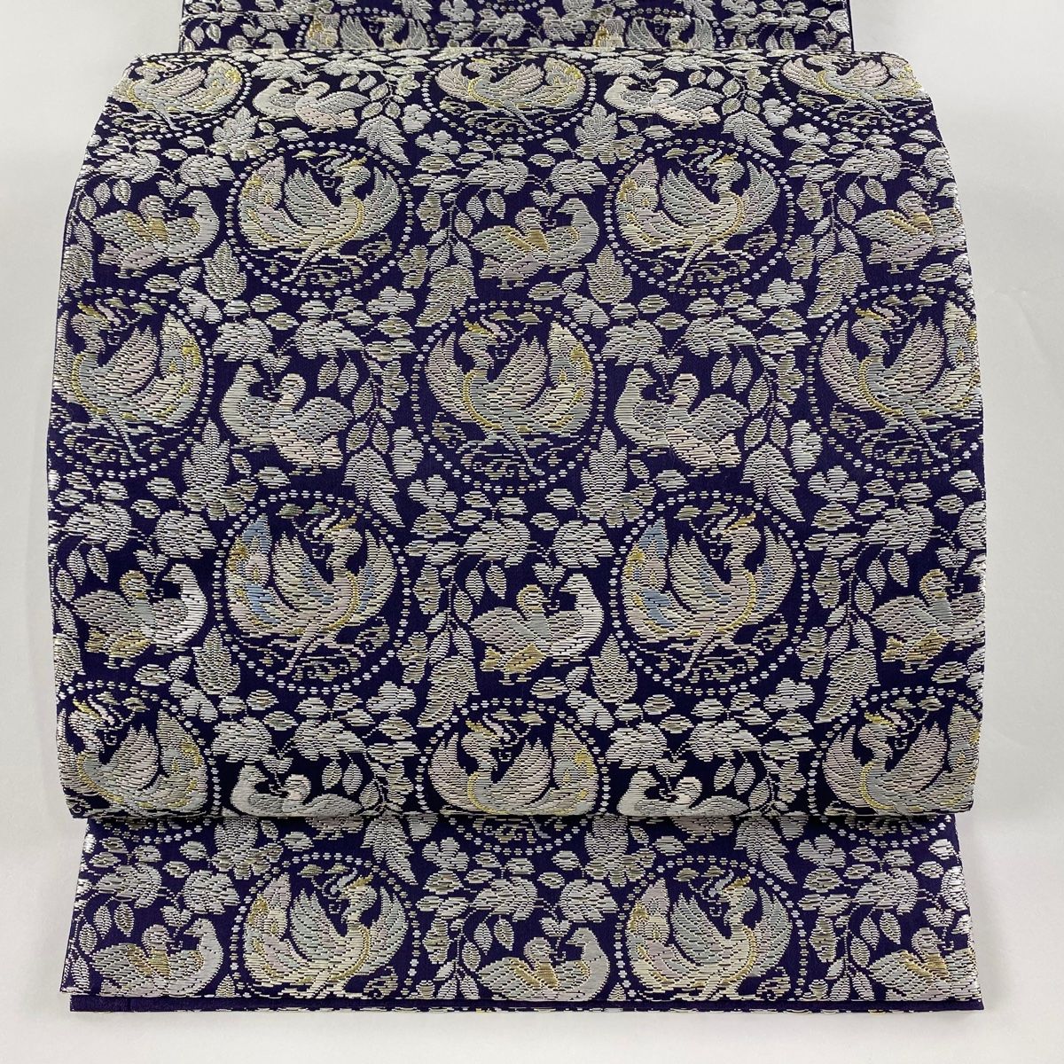 袋帯 美品 逸品 紋屋井関 落款 鳳凰 葉柄 金銀糸 濃紫 六通 正絹