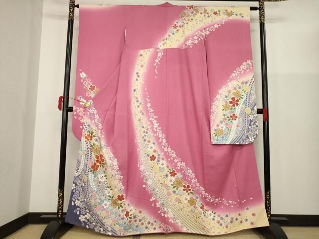 平和屋着物▽訪問着 駒刺繍 流水花文 桜 暈し染め 金彩 正絹
