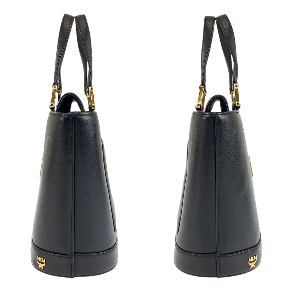MCM 黒 レザーハンドバッグ ゴールド装飾 美品 MCM エム シー エム ブラック 黒 ゴールド金具 レザー