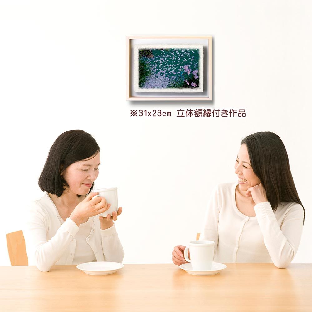 低価，品質保証 和紙の絵写真 「カワセミと湧水の桜の花筏」 立体額縁