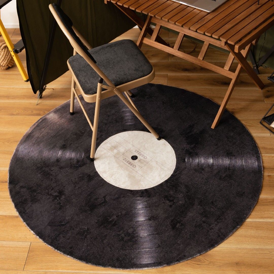 本州送料無料 ラグ レコード 写真 個性派 リアルプリント ブラック シンプル 滑り止め加工 インテリア 約φ140
