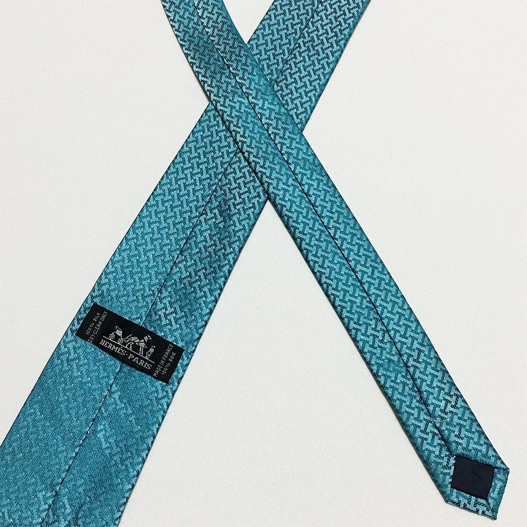 美品 エルメス HERMES ネクタイ シルク100% ターコイズブルー H柄 2510