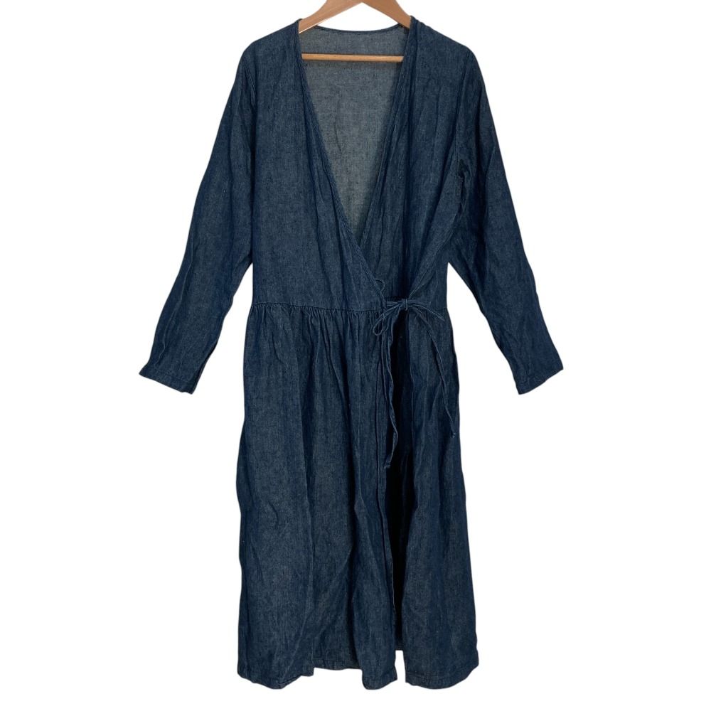 nest Robe ネストローブ リネンデニム 長袖 ロング ラップドレス ワンピース インディゴブルー レディース 古着