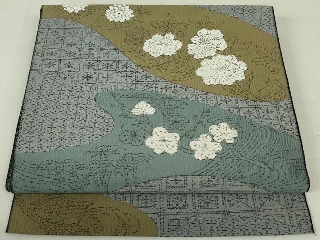 平和屋着物●八寸名古屋帯 流水草花文 正絹 DAAT0379ob