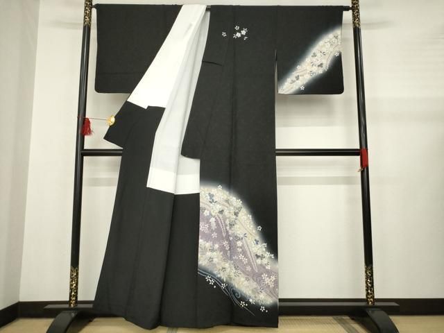 平和屋着物○訪問着 辻が花 流水花文 暈し染め 黒地 金彩 正絹 逸品