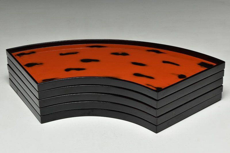 蔵C9993 木製根来扇面型 吸物膳 会席盆 五客 共箱