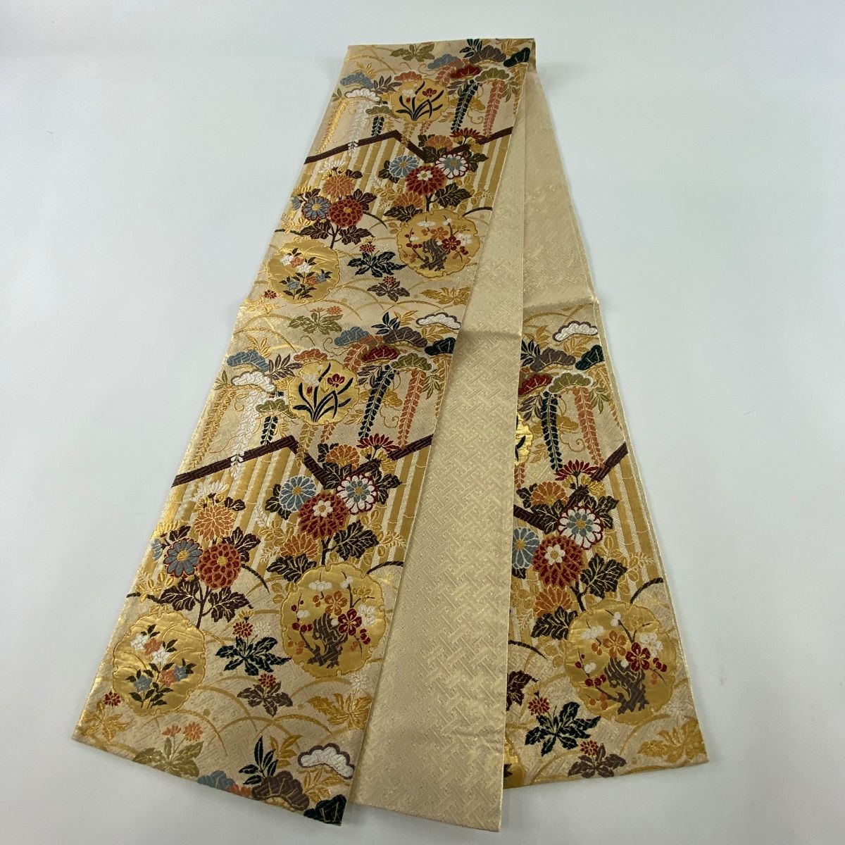 【美品】訪問着フルセット　雪輪枝花文様　黄朽葉色　暈し染め　六通袋帯 袋帯 美品 秀品 雪輪 草花 金糸 箔 金色 六通 正絹 【中古
